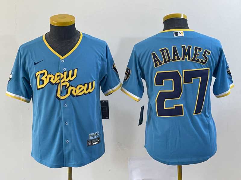 Youth Milwaukee Brewers #27 Willy Adames Blue 2022 City Connect Cool Base Stitched Jersey->mlb youth jerseys->MLB Jersey
